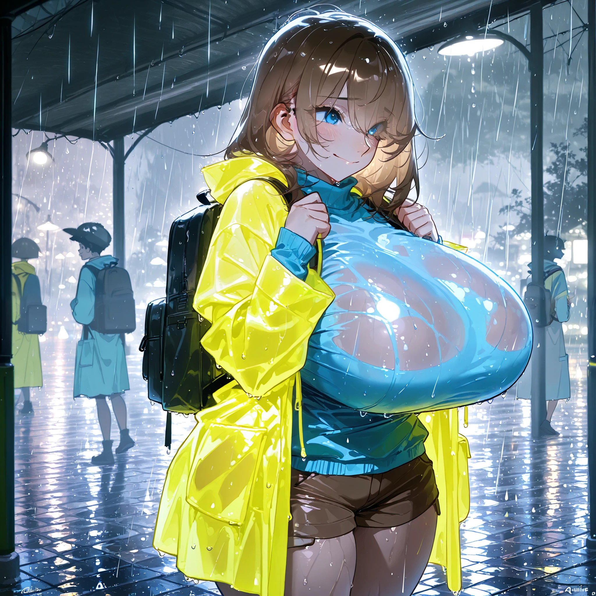 1girl, cute innocent girl, huge breasts, small hips, wearing a blue sweater and dull yellow rain coat, brown kakhi shorts, blue eyes, brown medium length hair, backpack she is walking across a college campus, (aquiline nose), eyes visible through hair,  solo, (), (), best quality, masterpiece, (score_9), (score_8_up), (score_7_up), (shy and smiling emotions:1.1),  , (), (, () ), (), perfect shadows , masterpiece, best quality, 8K, detailed, (specular thunderstorm lighting),  (rain and thunderstorm) , 