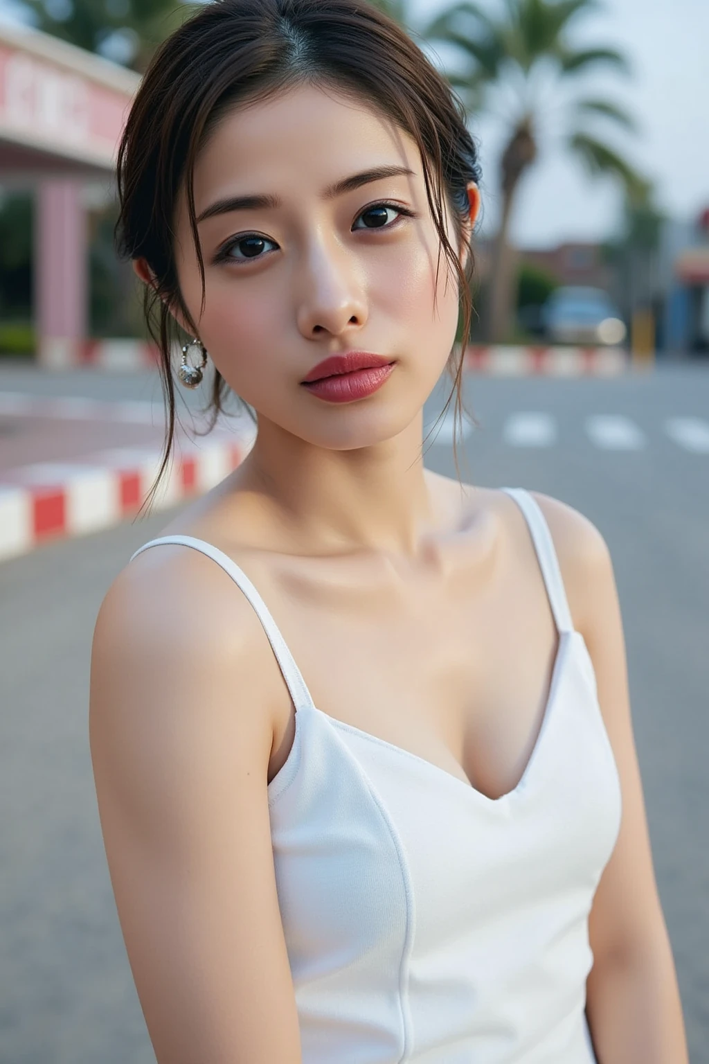 whole body,Girl1people々,In one people々,
(8k, RAW Photos, highest quality, masterpiece:1.3),(Realistic, photo-Realistic:1.37),Realistic skin texture,(photoRealistic:1.3),(hyperRealistic:1.2),

Age 25, 1 person, ((Beautiful people female announcer, Cute mouth:1.2)),

((Gorgeous Earrings, Long Necklace:1.2)), 
((Stroll briskly through the fashionable streets, people々Attract the attention of, Feminine striped mini dress:1.5)),
(Pay attention to her beautiful thighs and buttocks, The hem of my skirt is fluttering in the wind:1.5), 

((Sexy atmosphere, Kissing Mouth, hold out your lips, Cute and shy, Gazing intently at the audience)),

Realistic skin texture, Fair skin, Shiny skin, Beautiful skin on legs, Beautiful legs, 
Highly detailed face, Slim face contour, Beautiful small face, Beautiful Nose, 
Very fine eye, Long, narrow eyes, Brown eyes, double eyelid, Extremely fine eyebrows, thin, Long eyelashes, 
Ultra-detailed lips, Plump and moisturized lips, Glossy pink lips, Blushed, 
Beautiful people々 actress&#39;Fatigue Make-up, Pink lipstick, smokey eye shadow, Eye Foundation, 
Dark brown hair, Delicate and soft hair, Hair blowing in the wind, 
(Elegantly putting your hair up, Medium Short Hair, ponytail:1.2), 
Layered Cut, (Blunt bangs:1.2), 
((open your mouth slightly to show your white teeth,, stick out your tongue a little)), Body facing forward, 


((Lift your face a little)),
((Squint your eyes)), 
((Pursing your lips:1.2)),
((Blushing:1.2)),
((The cleavage is fluffy, Beautiful breasts)), 
