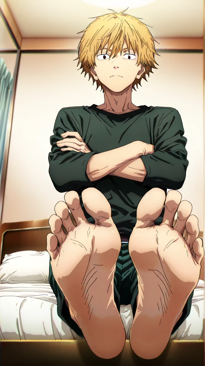 ,,Handsome muscular,Shirtless,Baldhead英俊男人微笑着双手背在背后,Feet tied to fallen logs,Wearing black and white striped clothes,Tickle the ribs,Feet tickled by hands prison background,Foot Focus,prisoner,Sweating on the soles of the feet,Baldhead