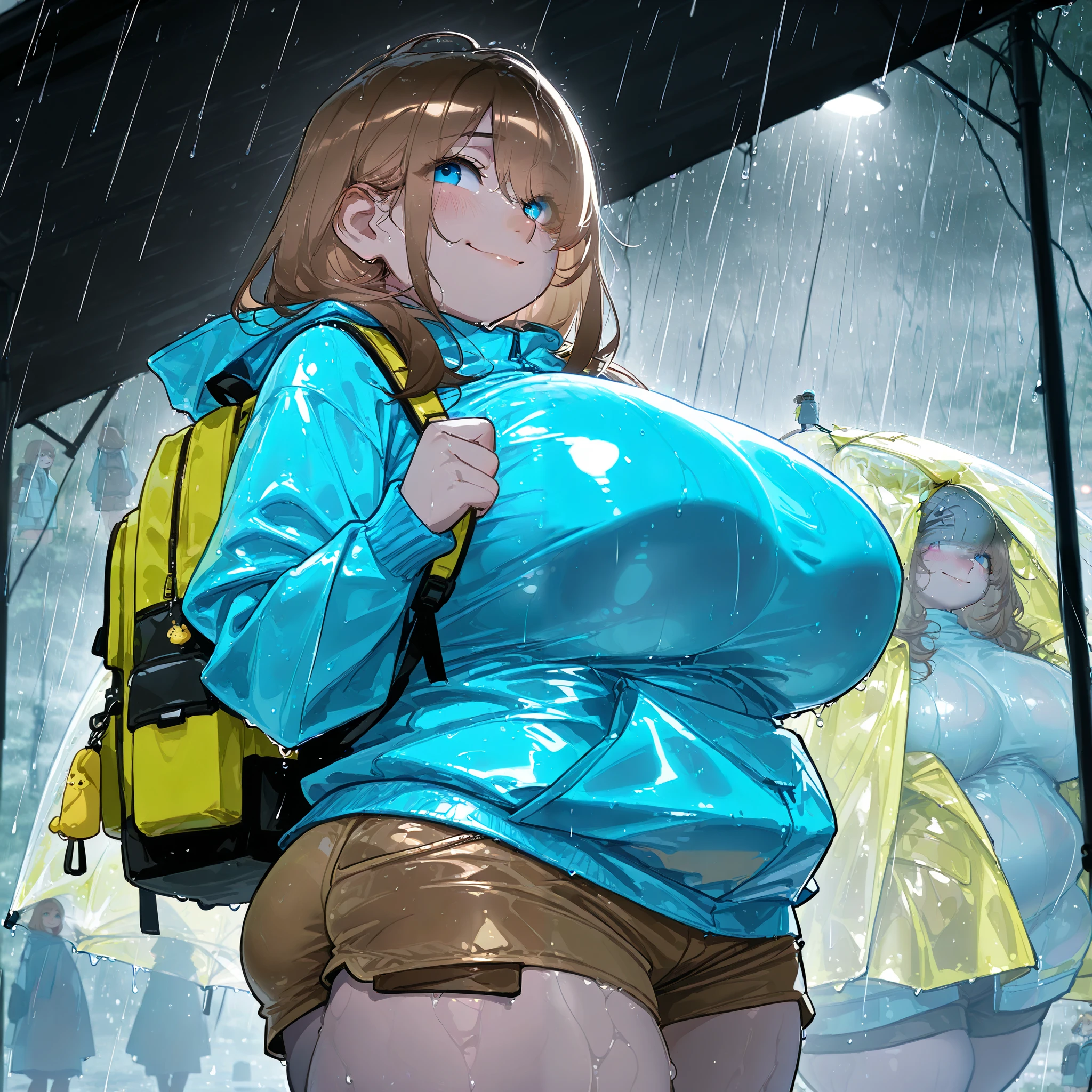 1girl, cute innocent girl, huge breasts, small hips, wearing a blue sweater and dull yellow rain coat, brown kakhi shorts, blue eyes, brown medium length hair, backpack she is walking across a college campus, (aquiline nose), eyes visible through hair,  solo, (), (), best quality, masterpiece, (score_9), (score_8_up), (score_7_up), (shy and smiling emotions:1.1),  , (), (, () ), (), perfect shadows , masterpiece, best quality, 8K, detailed, (specular thunderstorm lighting),  (rain and thunderstorm) , (fat girl, boob tent:1.1)