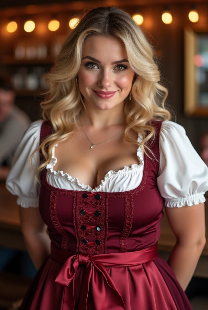Iskra Lawrence dressed in sexy traditional Welsh clothing with painted lips and smiling