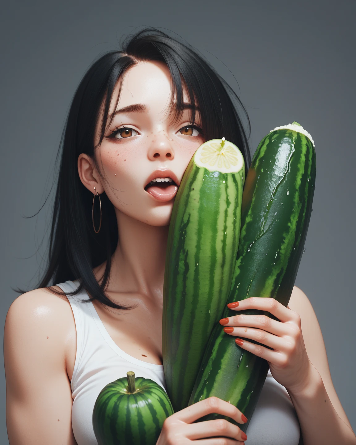 A pair of hands,Five fingers,Pink nails,Take a cucumber