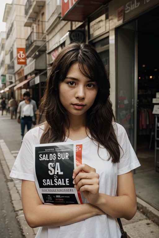 A beautiful Indonesian girl, wearing a t-shirt with a strong vector design featuring a silhouette image of a naked couple having sex in black colour. The sentence "50 EWU SAKPUASE" is displayed with bold and distressed typography pastel tone, holding a poster a sign that reads "(DISKON 90%)", short wavy hair, in a public place, surrounded by many men, large and sexy breasts, mitenight, with a shooting angle from the front, very realistic, (complex detail: 0. 9), (hdr, hyperdetail: 1.2), RAW, Sony Alpha a9 II, 24-105mm f/4, HDR,