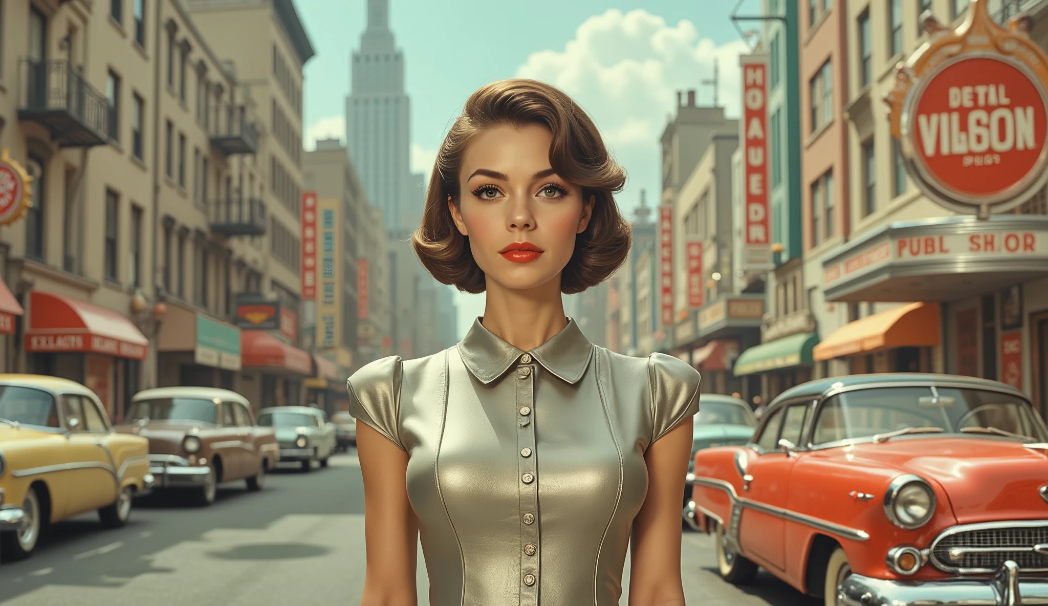 Woman in a futuristic 1950s-style city street. Caucasian woman, mid-20s, with shoulder-length, styled brown hair, wears a form-fitting, metallic silver dress, reminiscent of a space age or futuristic fashion. The dress features a collared neckline and short sleeves. Her expression is composed, neutral, and elegant. Her lips are painted a bold red. She stands confidently in the middle of a city street lined with vintage cars; various shades of pastel yellow, red, and muted green. The cars are classic 1950s styles. The street is paved and there are buildings on both sides with futuristic/retro architecture, bright neon signs, and various colors including pastel and vibrant reds, yellows, and blues. The skyscrapers behind the woman are tall and slender, reminiscent of Art Deco. The sky is a vibrant light blue with puffy white clouds. The light is warm, casting soft shadows, creating a photorealistic feel. The overall style is vintage futuristic, retro-futuristic, and photorealistic. The composition is centered on the woman, focusing her against the city backdrop and the classic cars. The colors are vivid, yet muted enough to convey a timeless atmosphere. The mood is serene and composed.