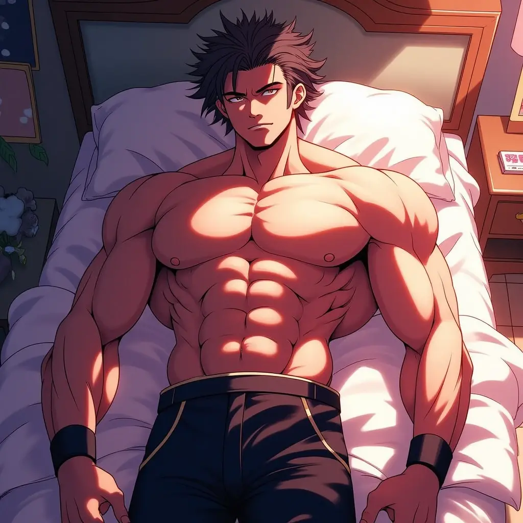 He is a 17 year old ager, He has slightly disheveled very black hair..., somewhat light green eyes, , muscular body , sexy face, He is dressed in the anime uniform. "my hero academia", without the shirt, just with boxer shorts, flexing your muscles, lying on a bed