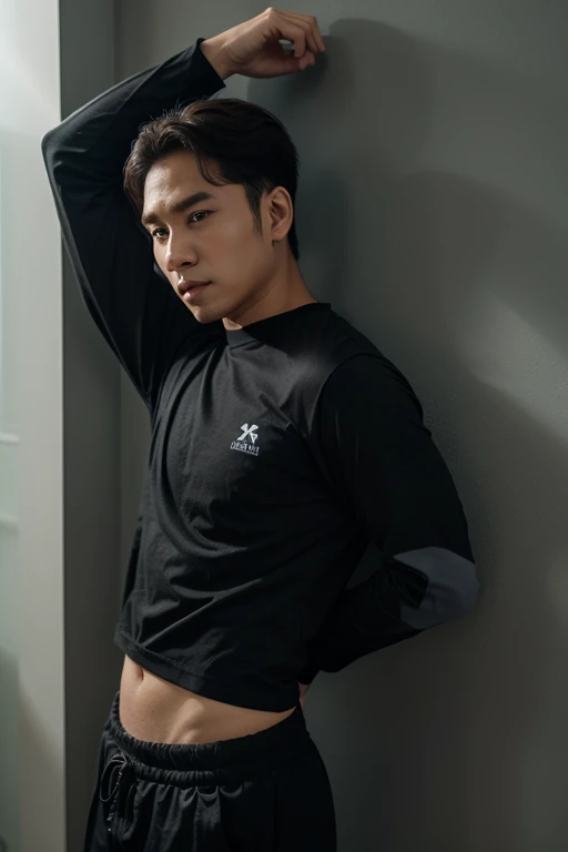 Handsome young man,lean skinny,underwear,Take off your shirt.,teenager,Asian people, cyber punk backdrop
