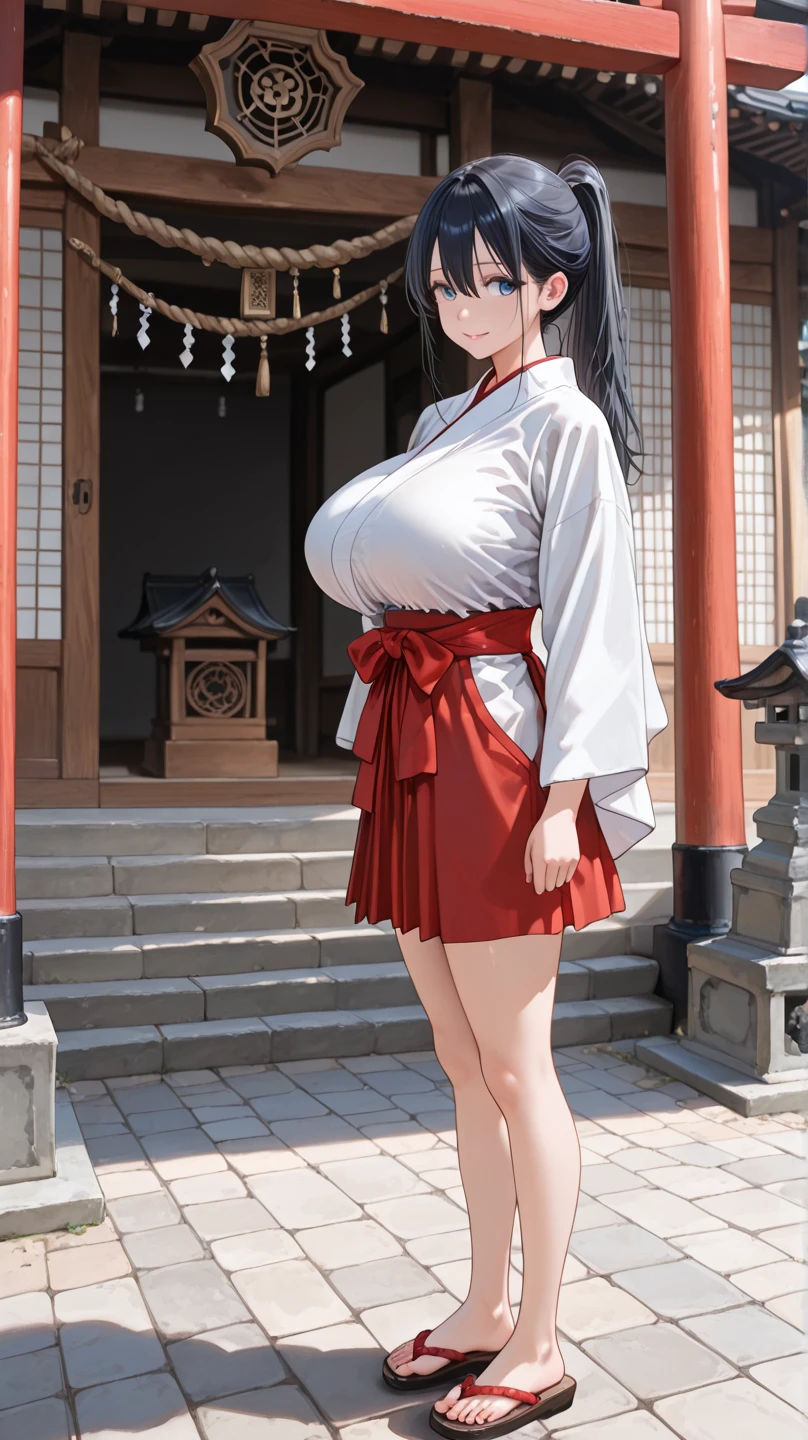 An ultra-high picture quality, 超A high resolution, Super Detail, full body Esbian, ((very very gigantic boobs)), long-stature, Narrow waist, Black shiny flowing layered straight hair, Lips with pink lips,Women in Japan, (shrine maiden), (Red Hakama), Manteau blanc, White knee-high stockings, Sit with your legs wide open, (ＭCharacter opening leg), red blush, glistning skin, (shrines), Sunlight, Professional Lighting, Sacred Halo
