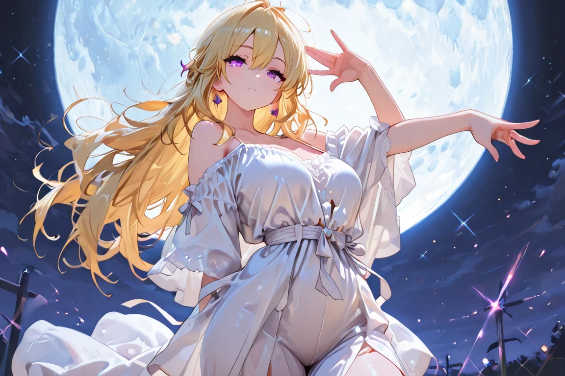 Female, Hime Cut Blonde hair, Blue eyes, dark brown skin, large breasts, wearing a formal white dress. The sun behind with a space background