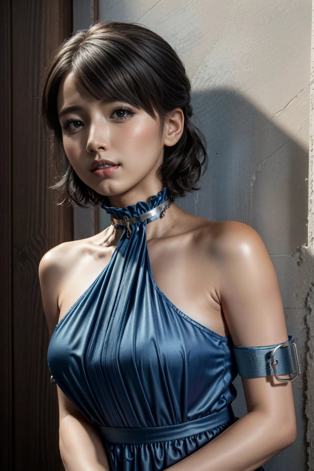 (1 person)、Highest quality、masterpiece、Ultra-high resolution、(Realistic:1.4)、RAW Photos、1 person、(Wearing a super shiny blue patent leather long sleeve bodysuit)、Elbow-length gloves、Bobcut、Portraiture、Shadow、Octane Rendering、8k、Ultra Sharp、Intricate decorative details、Very intricate detail、Realistic Light、(Mysterious look)、Shining Eyes、To the camera