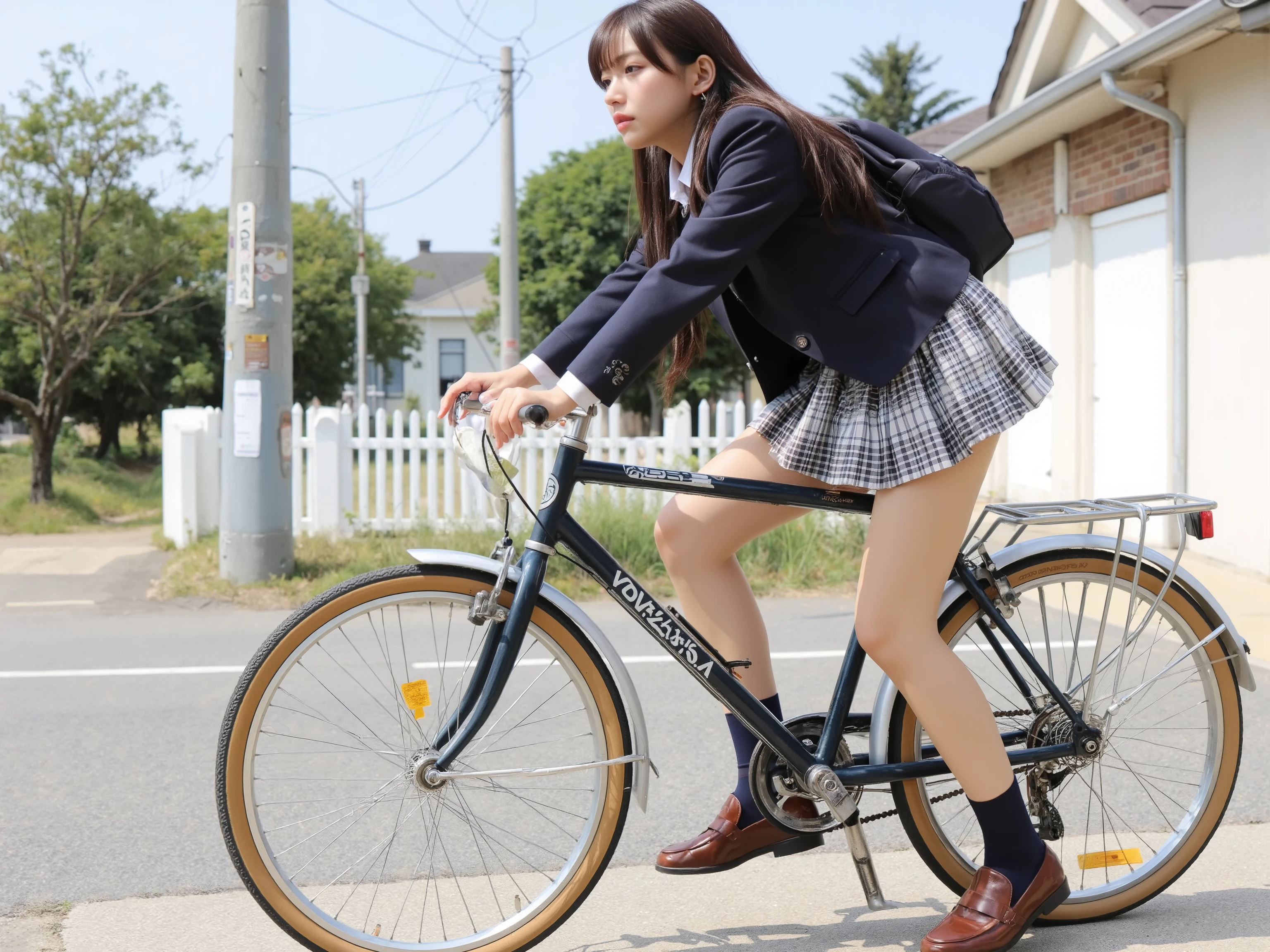 A photorealistic image of a Japanese high school girl riding her bicycle on a sidewalk in a residential neighborhood in Japan. She has long black hair flowing in the wind as she rides. She is wearing a school uniform consisting of a white shirt, a navy blue blazer, a plaid pleated mini skirt, navy blue socks, and brown loafers. She carries a backpack on her back and appears to be in a hurry, looking intently in the direction she is heading. The image captures her from the side as she rides.