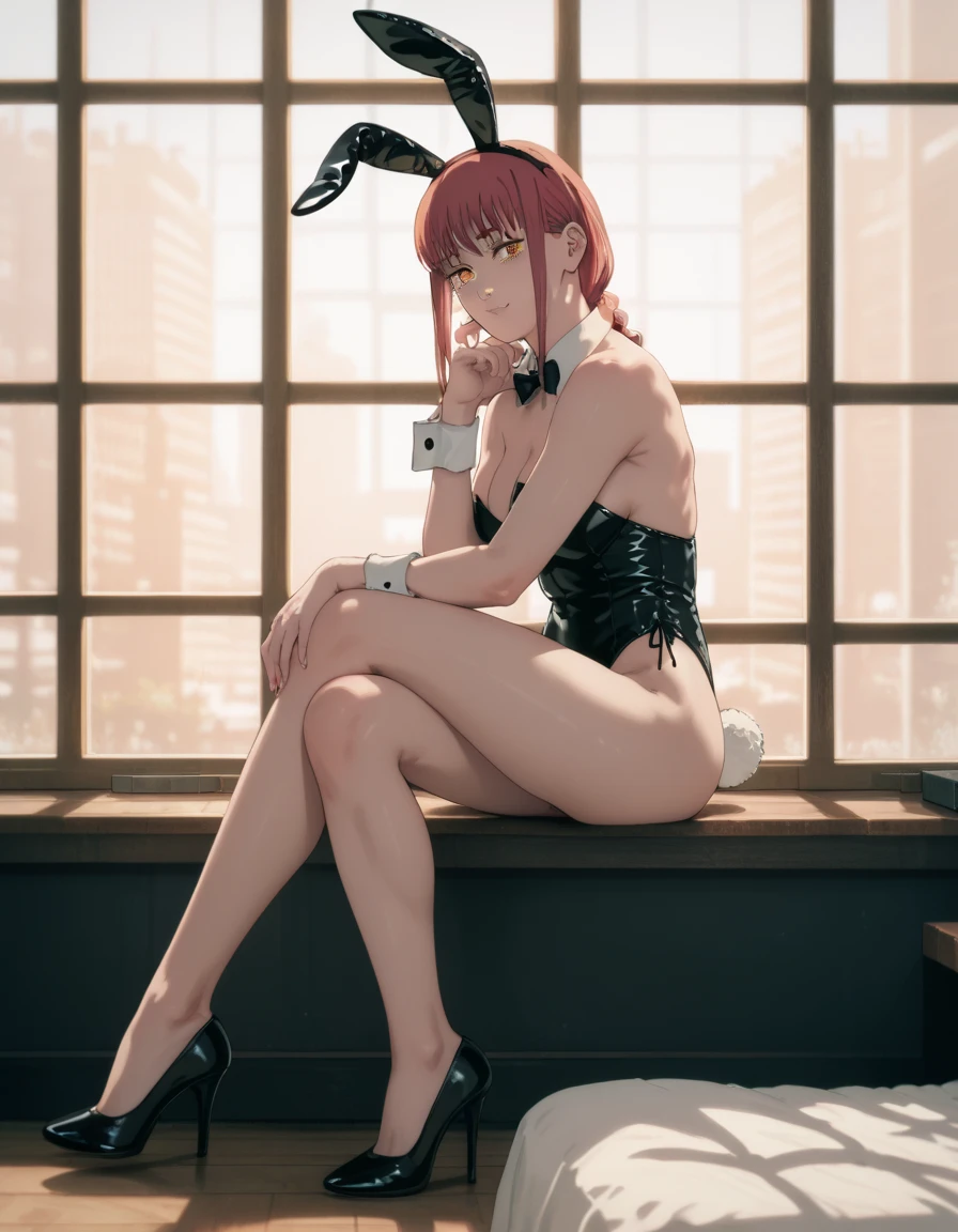 realisitic、top-quality、sit on sofa、((One Woman:1.5))、Red hair、a short bob、Red Eyes、inside in room、Rabbit ear headband、Black Leotard、fishnet tights、Lace gloves、Medium chest