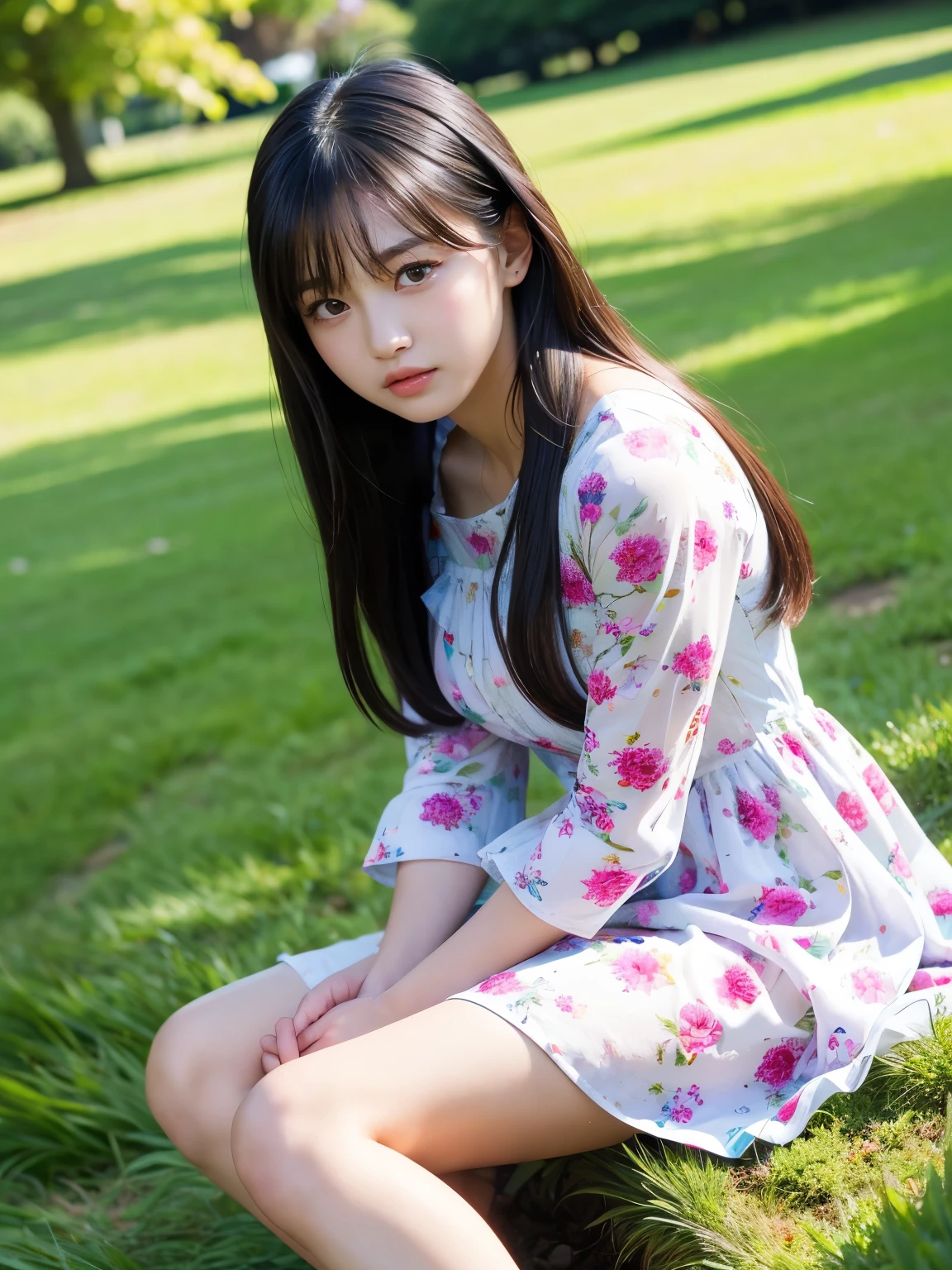 ((masterpiece)), ((best quality)), ((ultra-detailed)),((hyperrealistic)),(japanese cute girl),(shiny skin),1girl,(forehead),black hair,long hair,(black big eyes,tareme,droopy eyes),(small breasts),15 years old,dynamic angle,neat and clean,wearing a kawaii fashion outfit, outfit features a pink blouse with black lace trim and a large bow at the collar, The blouse is paired with a black high-waisted skirt with lace-up details, The person is also wearing black knee-high socks with lace tops, The overall look is cute and elegant,kneeling,
