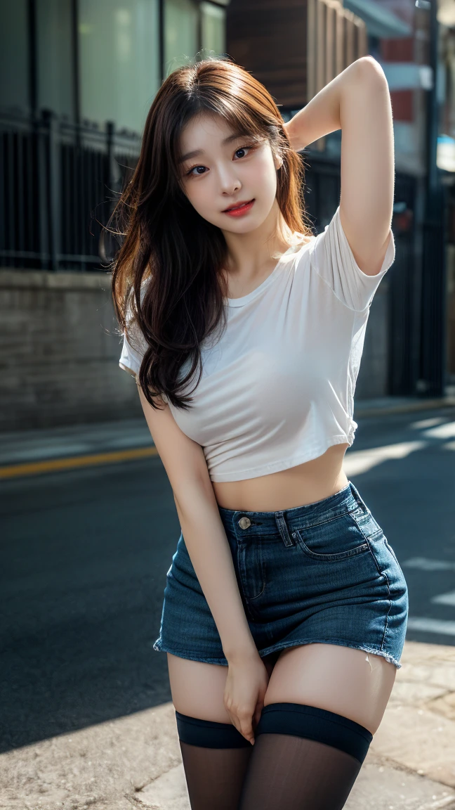 ((Generate hyper realistic image of captivating scene featuring a stunning 20 years old girl,)) with medium long blonde hair, flowing curls, semi side view, standing with arms raised over his head, donning a jeans shorts and a trendy slogan black tee with sleeves rolled up, piercing, blue eyes, photography style, Extremely Realistic