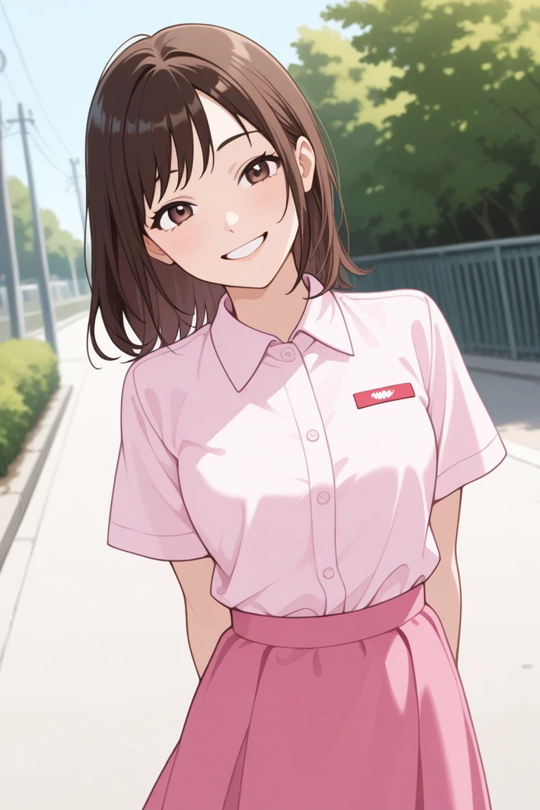 masterpiece, (best qulaity:1.3), 8K, wallpaper, depth of field, beautiful detailed eyes, (1girl, long_hair, brown_eyes, bangs, brown_hair, blunt_bangs, yellow_eyes, low_twintails, (wet clothes, see-through:1.2), (white shirt), wet, closed mouth, smile, (teeth), cityscape, (grey sky, rain:1.3), small breasts, pleated skirt, looking at viewer) taniguchi_harumi_citrus <lora:taniguchi_harumi_citrus:0.7>