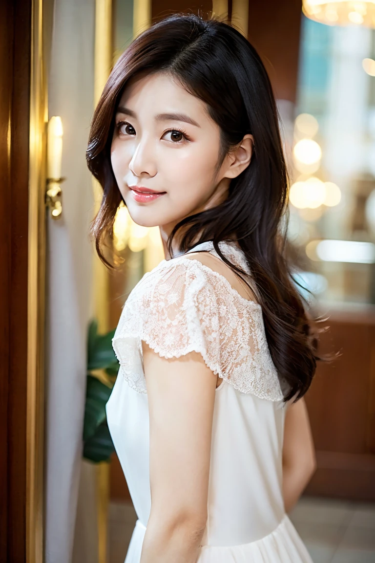 ((highest quality, 8K, masterpiece:1.3)), ultra high resolution, (photorealistic:1.4), raw photos, Skinny Japanese lady,(details face), real, Shot in natural light, Highly detailed face and skin texture, highly detailed lips, highly detailed eyes, correct state of the human body, various poses, natural color lip, long hair, ((black hair, straight hair)), professional lighting, angle from behind, super detail, 40 generations, actress, Emphasizes the shine of hair, white blouse, white wall, Taken in front of the white door