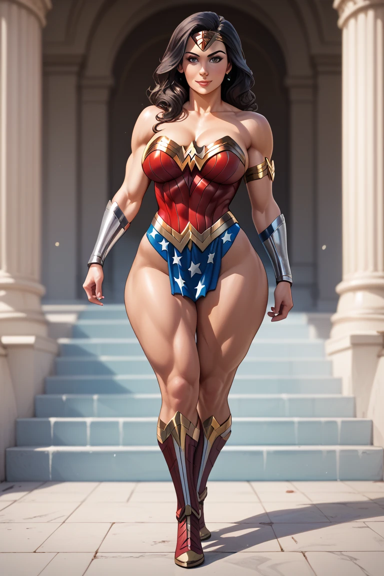 Nordic blonde woman bodybuilder with very large calves very beautiful resemblance to Katheryn Winnick dressed as Wonder Woman with very huge breasts showing her gigantic strength
