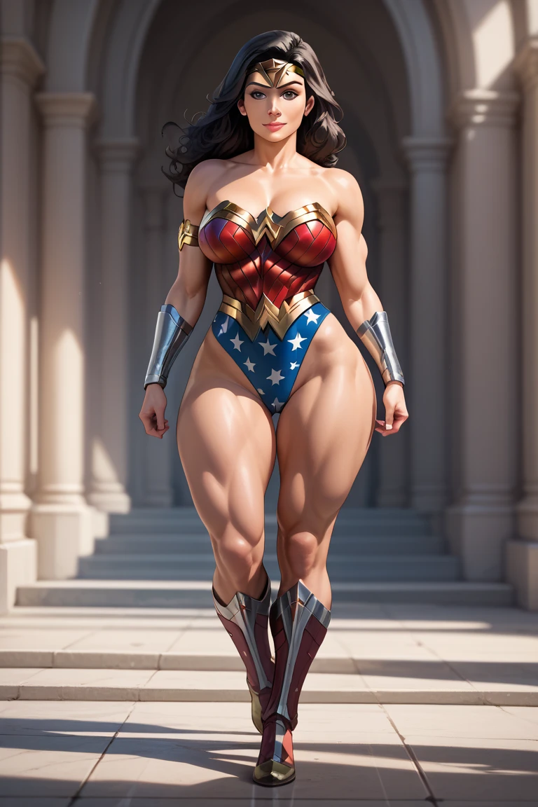 (wonder woman), (((Masterpiece:1.4))), (Very detailed: 2), (Beautiful: 2), (giant breast:1.5), (Long wavy dark hair: 1.6),((Masterpiece)), Highly detailed, Perfect, (Hanging black bikini:1.1), ((Cool color palette:1.3)), (full body view), ((full - body:1.7)),