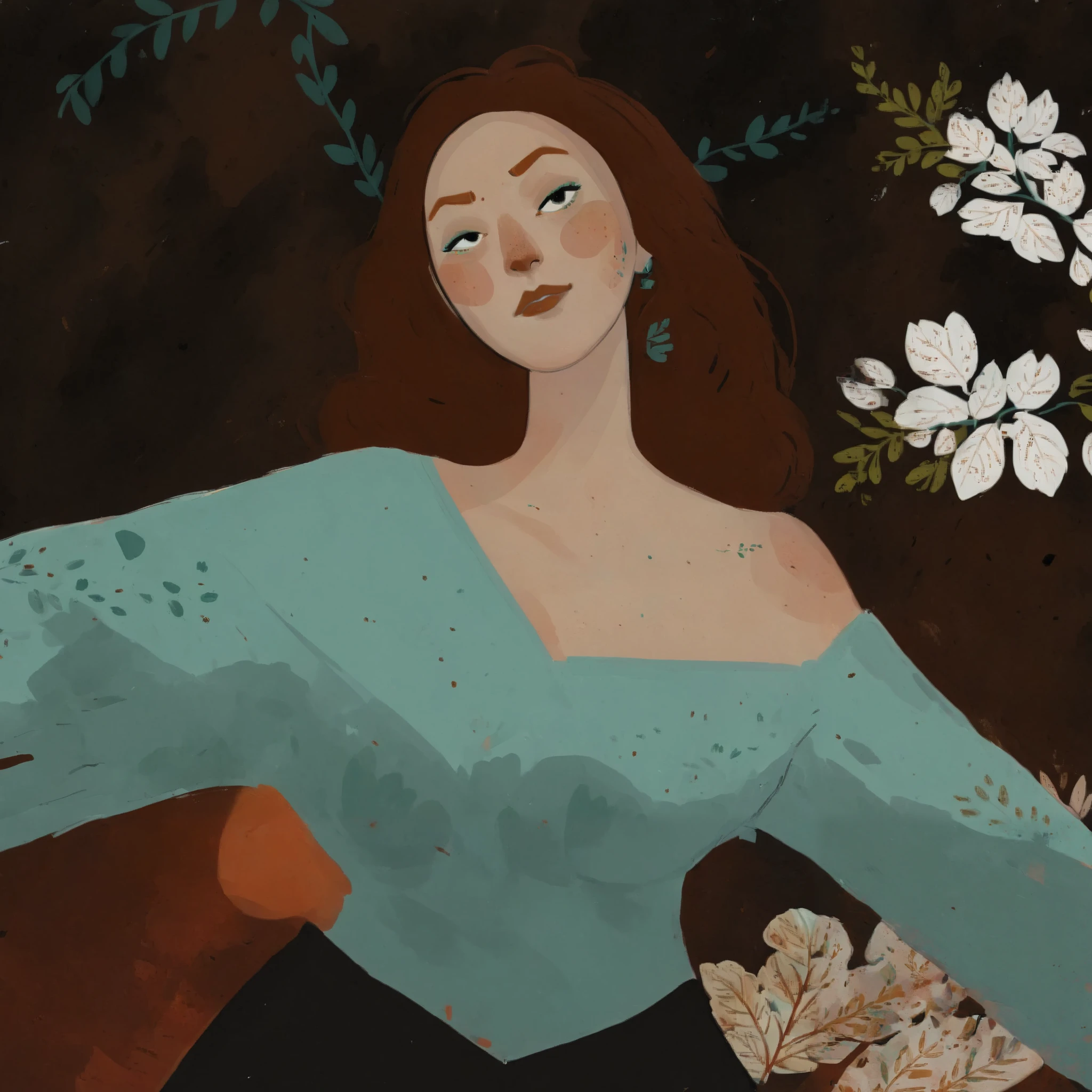1girl, 2d art, flat colors, detailed faces, simple black eyes, eyeliner, gouache texture, half body portrait, gouache painting, vibrant colors, skin freckles, thick gouache render, novuschroma57 style cartoon, in gougoupaintleaves, FRESHIDEAS Illustration No. 12, Illustration No. 8