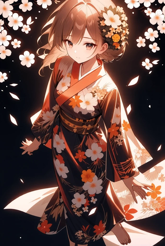 ((illustration, ultra-high detailed, Japanese anime style,   Shinkai Makifu , Beautiful lines, golden ratio full body composition, CG Unity, wallpaper), break ( Beautiful Adult Women, Wearing a Japanese Kimono,  Smile at You , Strongly Willed Gaze, Clear Eyes, full of hope, Aesthetic Realism Colors, Hand with 5 fingers, foot with 5 toes), from side, break (artgrapy style background, The warm arrival of spring, Aesthetic thaw, Beautiful lines, Sharp lines, without distortion, best composition), break 新しい季節の訪れ, black background representing old struggles, aesthetically shining black like lacquer, Expression of melting snow that washes away, attractive contrast between black and white, break 被写体を強調する柔らかな煌き, Dramatically penetrates the light clearly illuminates the desired signpost, extremely transparent dramatic indirect lighting, break \encourages new challenges sakura blizzard,\ Please increase the sharpness of the lines, The background is a vivid dark tone, Note the vivid colors, break 表現力の高い詳細な髪, Traditional hair ornaments made in Japan, It adjusts the overall balance, high contrast), carefully draws intricate details, Nice quality, 