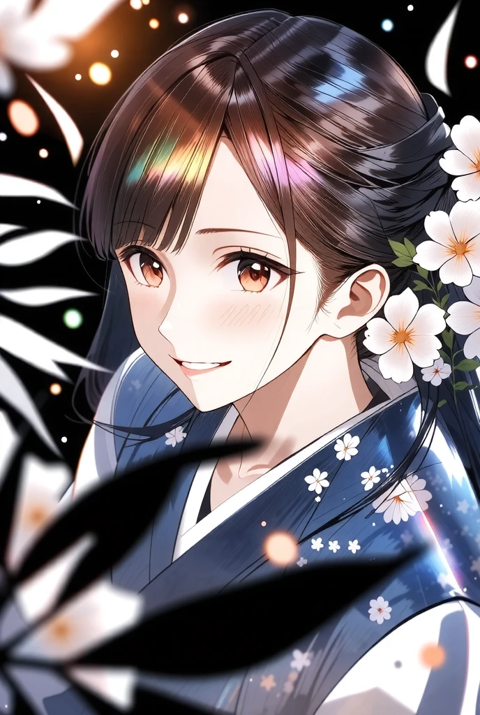 ((illustration, ultra-high detailed, Japanese anime style,   Shinkai Makifu , Beautiful lines, golden ratio full body composition, CG Unity, wallpaper), break ( Beautiful Adult Women, Wearing a Japanese Kimono,  Smile at You , Strongly Willed Gaze, Clear Eyes, full of hope, Aesthetic Realism Colors, Hand with 5 fingers, foot with 5 toes), from side, break (artgrapy style background, The warm arrival of spring, Aesthetic thaw, Beautiful lines, Sharp lines, without distortion, best composition), break 新しい季節の訪れ, black background representing old struggles, aesthetically shining black like lacquer, Expression of melting snow that washes away, attractive contrast between black and white, break 被写体を強調する柔らかな煌き, Dramatically penetrates the light clearly illuminates the desired signpost, extremely transparent dramatic indirect lighting, break \encourages new challenges sakura blizzard,\ Please increase the sharpness of the lines, The background is a vivid dark tone, Note the vivid colors, break 表現力の高い詳細な髪, Traditional hair ornaments made in Japan, It adjusts the overall balance, high contrast), carefully draws intricate details, Nice quality, 