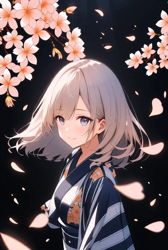 ((illustration, ultra-high detailed, Japanese anime style,   Shinkai Makifu , Beautiful lines, golden ratio full body composition, CG Unity, wallpaper), break ( Beautiful Adult Women, Wearing a Japanese Kimono,  Smile at You , Strongly Willed Gaze, Clear Eyes, full of hope, Aesthetic Realism Colors, Hand with 5 fingers, foot with 5 toes), from side, break (artgrapy style background, The warm arrival of spring, Aesthetic thaw, Beautiful lines, Sharp lines, without distortion, best composition), break 新しい季節の訪れ, black background representing old struggles, aesthetically shining black like lacquer, Expression of melting snow that washes away, attractive contrast between black and white, break 被写体を強調する柔らかな煌き, Dramatically penetrates the light clearly illuminates the desired signpost, extremely transparent dramatic indirect lighting, break \encourages new challenges sakura blizzard,\ Please increase the sharpness of the lines, The background is a vivid dark tone, Note the vivid colors, break 表現力の高い詳細な髪, Traditional hair ornaments made in Japan, It adjusts the overall balance, high contrast), carefully draws intricate details, Nice quality, 