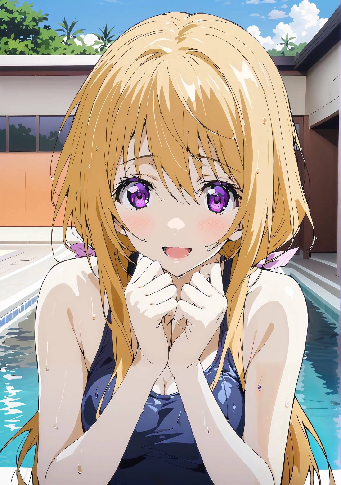 gets her rubbed, Charlotte Dunnoir , long hair, Gold, ribbon, purple eyes, ponytail, Medium breast,hair ribbon,smile,cover,open your mouth,navy blue school swimsuit,Submersion,wet skin,wet hair, wet swimsuit ,School building,full bodyがイラストに入るように,
break outdoors, pool,
break looking at viewer,full body,
break (masterpiece:1.2),top quality , kampala,Unity 8k Wallpaper,(shape:0.8),( fine, beautiful eyes :1.6),It's a person ,full body写真,CG Details , (perfect hands,complete anatomy),