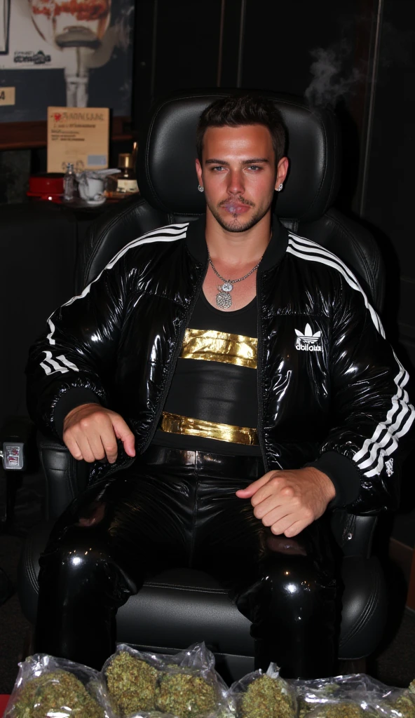 1boy, 16~20 years old, male focus, muscular male, nsfw, 3D, realistic, indoor, normal hue, central, golden ratio, sitting on the leather throne, sharp-featured body, tall, burly, highres, slender build, perfect anatomy, skin texture, thick dark buzzcut hair, see-through bangs, shallow eyebrow, symmetrical eyebrow, large bright eyes, symmetrical eyes, square gold-rimmed glasses, big straight nose, closed mouth, broad shoulders, noble attire, bdominal stretch, tight-fitting, leather collar, black T-shirt, open red leather jacket, golden tessel, six-pack abs, leather gloves, black trousers, leather belt, spreading long thin legs, <lora:OnlyCocks_v1.0:0.5>, large erect penis over 10 inches length and 3 inches width, erection, large scrotum with testicles, masturbation, high-heeled leather boots, soft smile, handsome, powerful, from front, looking ahead at viewer, day, masterpiece, best quality, hyper-detailed, intricate detail, professional photography, matte, bright, the most beautiful ever seen, post processing, dreamatic lighting, ambient lighting, epic composition, ultrawide shot, uplight, raytracing reflections, depth of field, gorgeous background <lora:3.3.GenshinImpactThoma_v1.0:1>