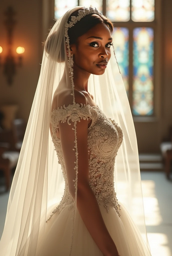 Generate an image of a black beautiful bride at the entrance of a door with her mouth open and surprise facial expression