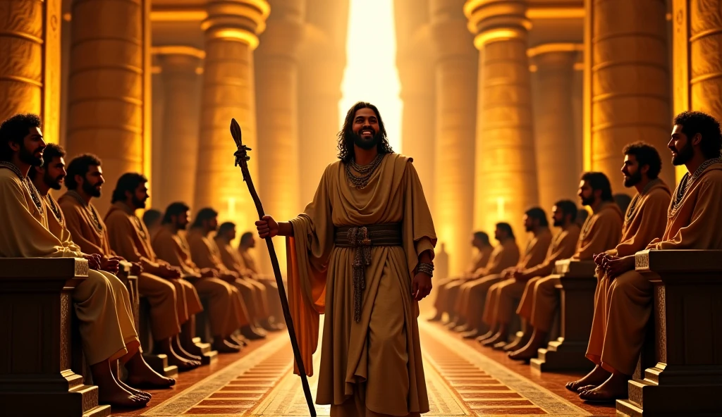 Create a dramatic and vibrant scene that shows Shadrach, Meshach and Abednego desafiando o decreto do rei. En el centro de la imagen, highlight the three young Hebrews, firm and standing, visibly determined and courageous, while everyone around him is kneeling in worship before a large, imposing golden statue of the king. The contrast between the three young men and the kneeling crowd must be striking.. The scene should convey an atmosphere of tension and bravery.. The background should show a grand and opulent environment, with the statue of the king in the spotlight and the crowd of kneeling subjects, reflecting the oppressive and authoritarian environment of the palace. Be sure to capture the expression of steadfastness and faith on Shadrach&#39;s face., Meshach and Abednego, contrasting with the submission and fear of others."