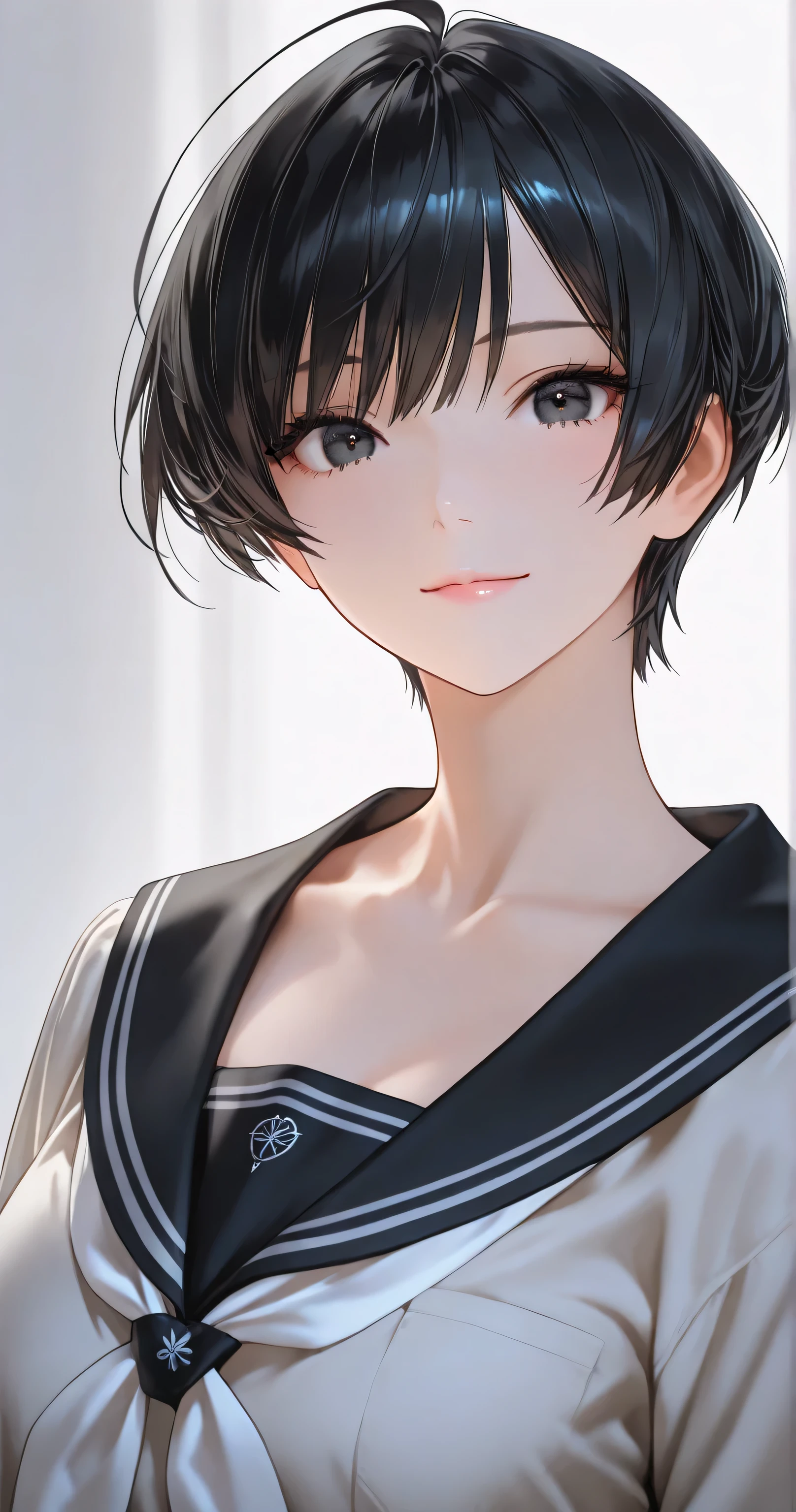 insanely detailed,
She is beautiful,
sharp focus (1.3), clear lines, crisp edges, crisp outlines, rich harmonized colors,
short choppy messy pixie cut black hair with ahoge, silky smooth texture, no white strands,
highly detailed black eyes with intricate irises and large highlights, calm and composed gaze with subtle intensity,
fair flawless skin, soft pink lips,
calm and composed gaze, subtle intensity, alluring mystique, stunning clarity,
delicate yet undeniable strength, ethereal beauty, quiet confidence,
innocent yet captivating, pure aura, like a spring breeze—fragile, yet unyielding.
Wearing a classic black sailor uniform with 3 stripes on the collar and sleeves (2.0), only black fabric, jet black sailor collar (1.7), long sleeves, pure white neckerchief, traditional Japanese style, no additional scarves or mufflers.
white background, soft ambient lighting.
1girl, solo, no additional characters,
Masterpiece, best quality, ultra-detailed, 8k resolution,
light smile,
face shot, front view, looking at viewer,
highly detailed face, flawless skin.

