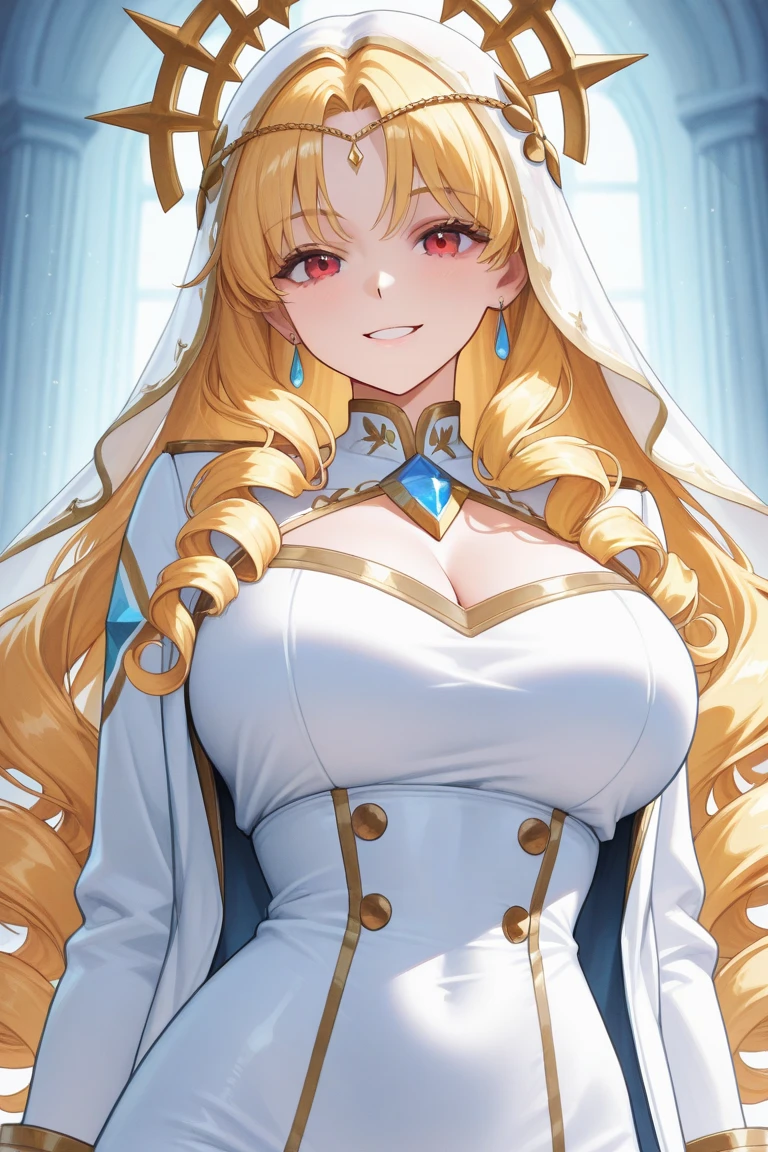 masterpiece, Highest quality, alone, Belldandy, (Adult female), Beautiful Face, Large Breasts,Blonde wavy long hair, Captivating smile, Priestessess, cap, Are standing, Place your hand on your chest, Cowboy Shot