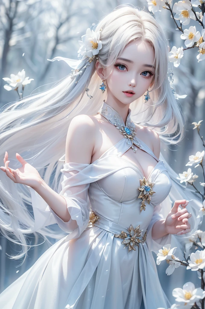 ((From the waist up))((masterpiece:1.5、8k、Portraiture、Photorealistic and very detailed CG、Very detailed、Particle Effects、Dynamic Effects、Written boundary depth、Cinematic Light、Lens flare、Ray Tracing、Tabletop、Realistic:1.4、超A high resolution:1.2、Realistic、Realistic))((alone、,Woman in turtleneck dress:1.4、Model-like pose:、Side bust、Ample breasts、Detailed face、brightexpression、young, bright, Whiter skin、Best Looks、Ultimate beauty、White hair with shiny highlights:1.8、bright and shiny hair,、Super long, Silky straight hair、Hair swaying in the wind))(Wonderful transparent flower々Surrounded by、White Background、Great background、Thin petals fluttering down)