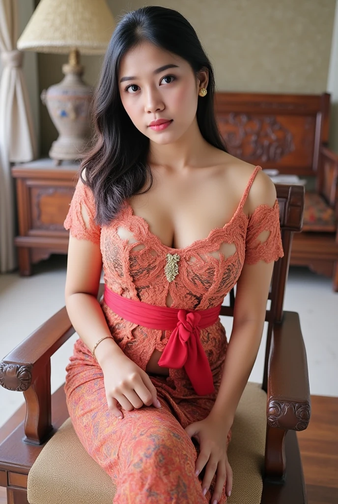 1 Indonesian-Dutch girl, 30 years old, long fashion hair, fit body, large breasts, big cleavage, sexy kebaya transparan, batik skirt, masterpiece, highly detailed, ultra hd, 8k, detailed face, bright eyes, perfect eyes, detailed skin texture, detailed lips, sexy lips, perfect hands, dynamic angle, cowboy shot, NSFW nudity, big breach, no bra, hotel room, bedroom, photoshoot, ((sexy pose))