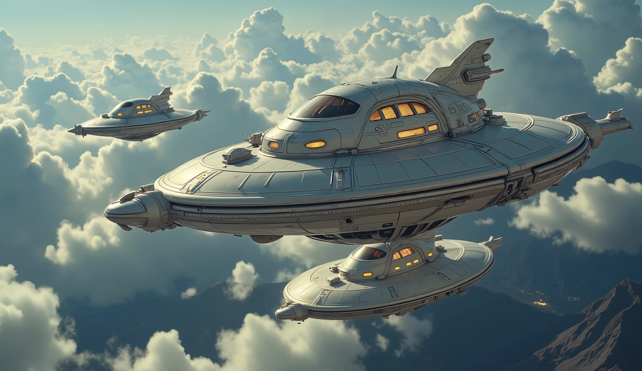 Three futuristic, saucer-shaped spaceships, light gray and white, hover above a planet's surface.  Detailed, intricate design features numerous round windows and panels, emitting warm, golden light. The ships are positioned against a backdrop of clouds and a stylized blue-toned atmosphere.  Realistic depiction of atmospheric perspective, with the ships appearing closer and sharper in contrast to the blurred planet surface below.  High-resolution, detailed rendering showcasing smooth, polished surfaces and subtle textures.  Sci-fi aesthetic, with a focus on design and form.  The planet's surface is a muted mix of blue and gray tones.  A faint glow from distant urban areas or cities is visible on the surface, reinforcing the idea of a space-faring civilization.  Realistic lighting effects illuminate the ships' structures and emphasize the forms.  The overall impression is one of exploration, discovery, and futuristic technologies.  Detailed perspective emphasizes the ships' three-dimensional form. Realistic clouds surround and fill the background.  Elements of volumetric lighting enhance the realism of the scene.  Focus is on the shape and design of the spaceships, their technological features, and the atmosphere of space travel.  Contemporary sci-fi style with a realistic approach.
