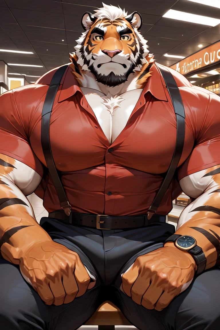 (by null-ghost,by raccoon21), (masterpiece,high quality,8k), solo,anthro,(male lion,brown lion,red mane),full body,white body,white pectorals,(((huge pecs))),(scar on chest:1.6),scar on eyebrow, sitting,full body, smile, (((((closed mouth,expressionless, ))))), ((holding coffee)),5 fingers, pants,((suit shirt,white shirt,blazer)),watch, office,table,indoors,day,blue sky,cloud,window,computer,monitor, looking at viewer,