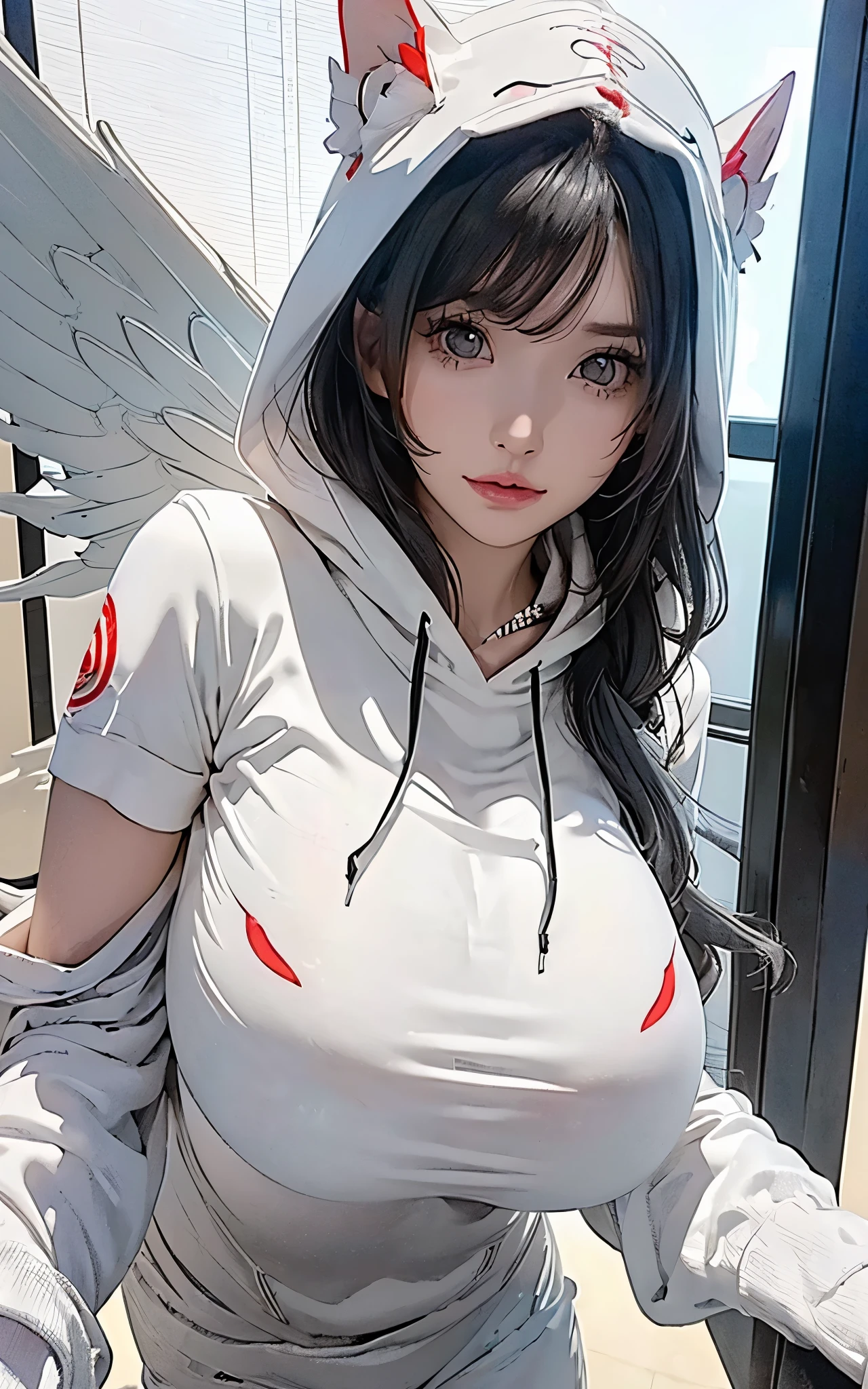 (( beautiful face:1.4)), (Purelos Face_v1: 1.0), 1 girl、((( masterpiece, top quality )))、((Natural huge breasts:1.6)),(((32K Wallpapers)))、 Mechanical Wings 、 close 、 Detailed Hair Licking 、 headshot 、 lots of white flowers 、 gorgeous light leak、grim Reaper 、((( detailed and complex futuristic Mechanical Wings )))、((( beautiful close )))、(((simple hoodie with red and white hood)))、 詳細なshadow 、(((shadow)))、 ((( view from directly above)))、 looks up、(((Gray Hair Color )))、and arms are crossed