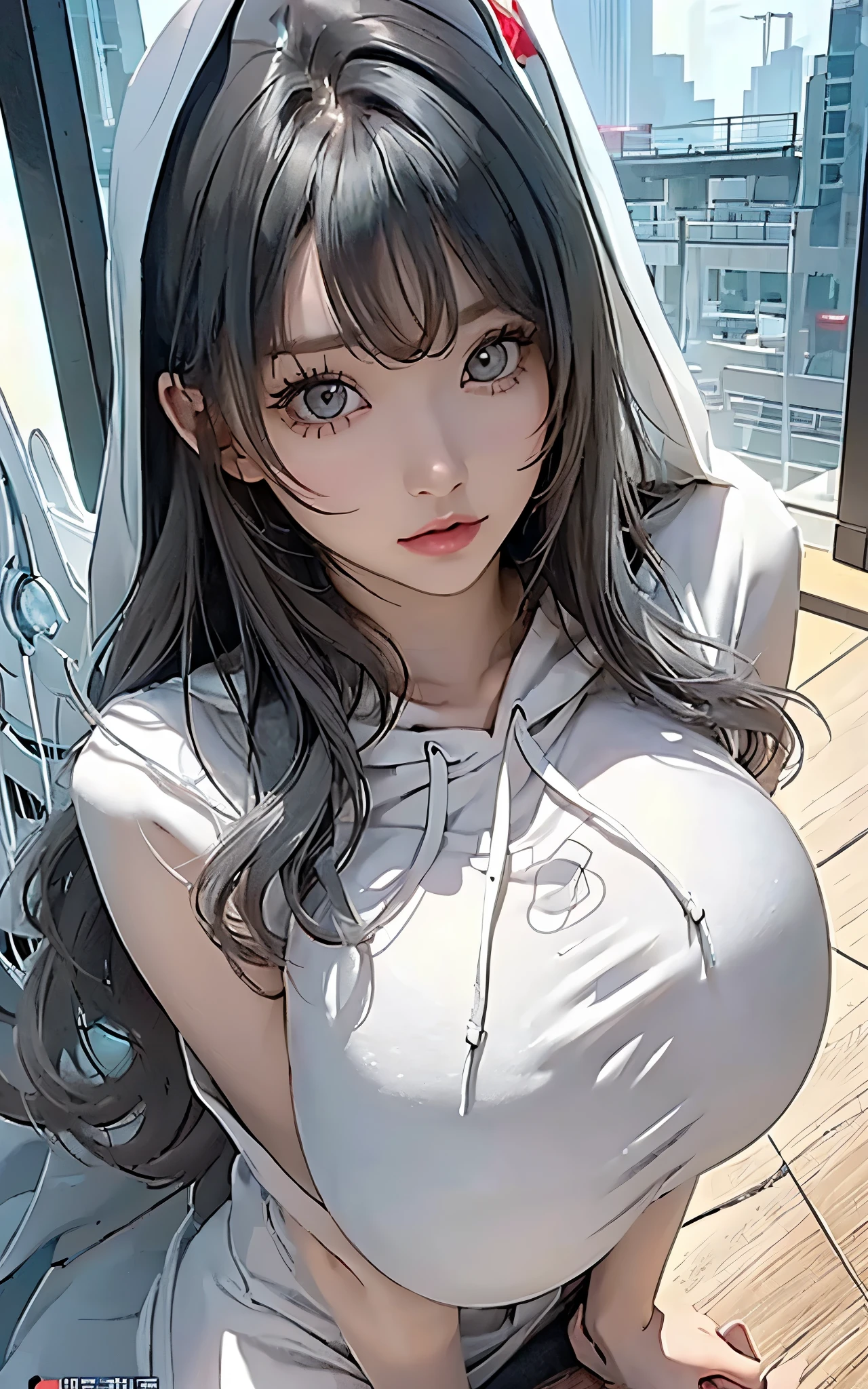 (( beautiful face:1.4)), (Purelos Face_v1: 1.0), 1 girl、((( masterpiece, top quality )))、((Natural huge breasts:1.6)),(((32K Wallpapers)))、 Mechanical Wings 、 close 、 Detailed Hair Licking 、 headshot 、 lots of white flowers 、 gorgeous light leak、grim Reaper 、((( detailed and complex futuristic Mechanical Wings )))、((( beautiful close )))、(((simple hoodie with red and white hood)))、 詳細なshadow 、(((shadow)))、 ((( view from directly above)))、 looks up、(((Gray Hair Color )))、and arms are crossed