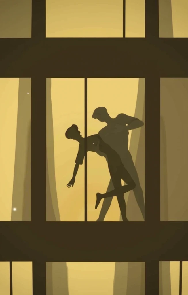 silhouette of a woman and a man going in opposite directions with their backs arched