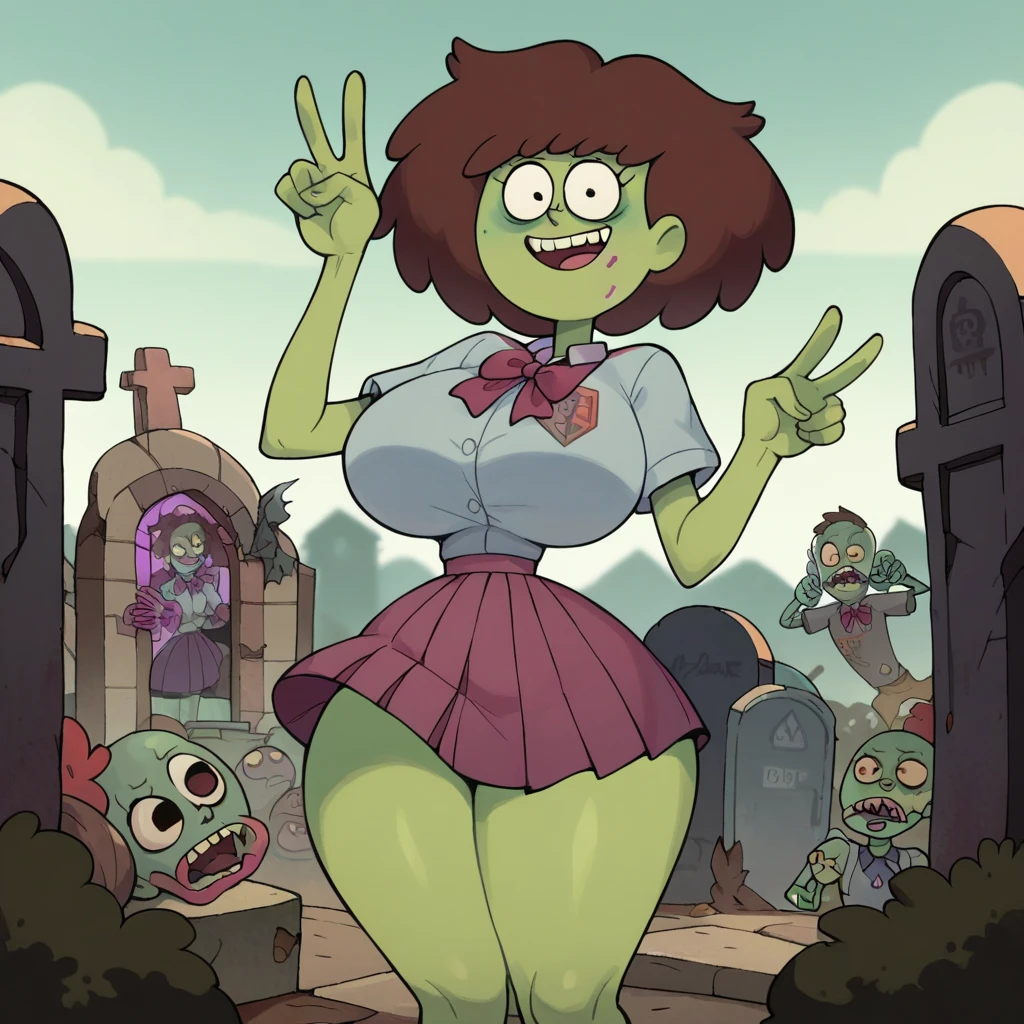 big lips, Brown hair, pink eyes, japanese face, improve, improve grin, two sides up, huge breasts, Wide hips, sexy, detailed, pink room, Hits, (evil smile1.4), kawaii, pleated skirt, punk, GOOD, zombie costume, zombie shirt, zombie choker, zombie skirt, dezombie shirt,navel piercing