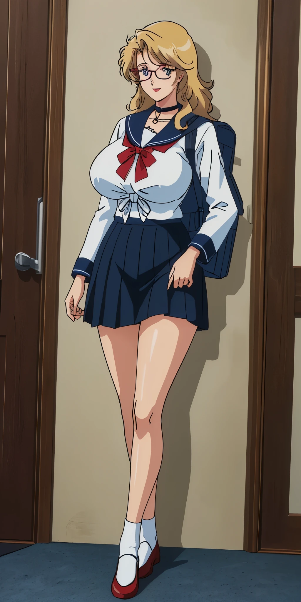 Young girl drawn in the 80s anime style.
retro anime. classic anime. classic anime.
She has long and wavy blonde hair, blue eyes, FULL LIPS, and has a beauty mark under the right side of her mouth. She is well known for her curvaceous figure, whose trait is the most distinctive are her very large breasts. She also wears round glasses and a seductive smile.
Ella está usando un sailor's uniform (sailor's uniform, sailor blouse with bow, sailor outfit) is a common Japanese uniform style worn by women, traditionally used by high school students.
The uniform usually consists of a sailor-style blouse joined with a ( navy blue sailor collar ) and a dark navy blue sailor blouse. The long skirt reaches past the ankle.
A ribbon is tied at the front and tied through a bow attached to the sailor blouse. The color of the ribbon is red. ( RED RIBBON)
(Navy shirt)
(Dark navy blue pleated skirt)
She is wearing a brown briefcase and a backpack.
She is visiting a high school.
(Alone )