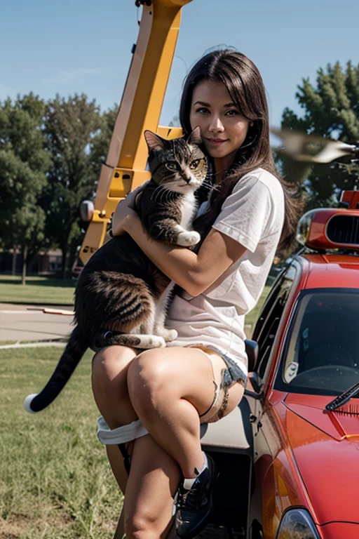 A duckling and a cat near a helicopter