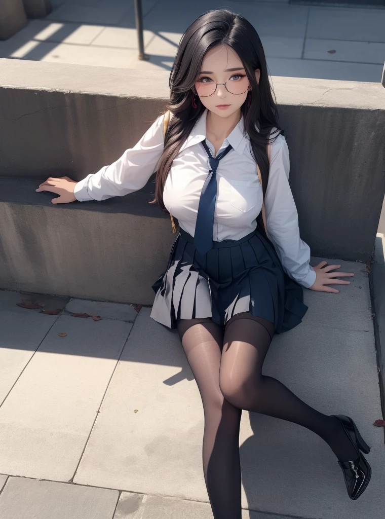 JK skirt,huge tit,black lence stockings,