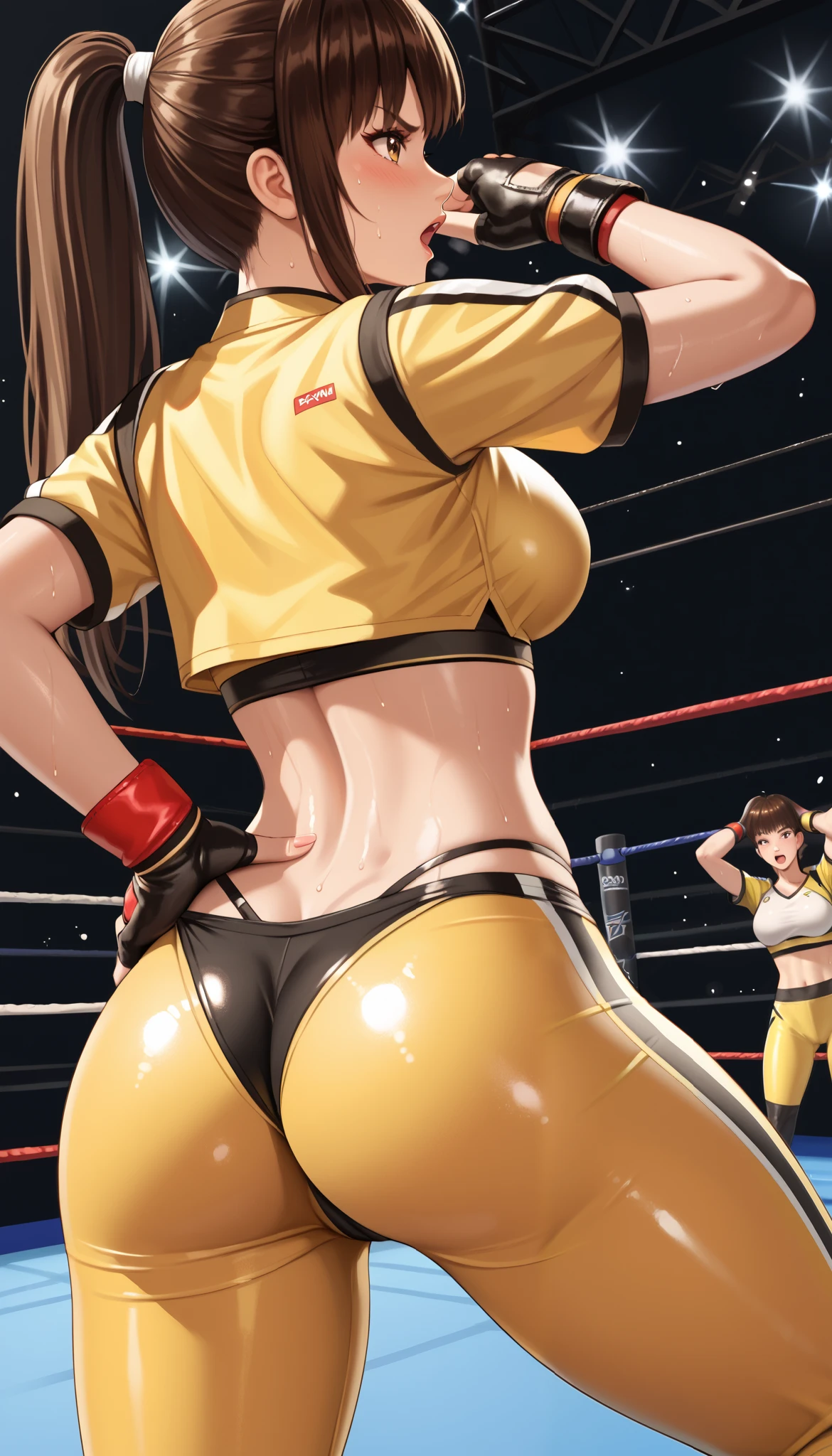 LeiFangDOA, brown hair, (long brown straight hair:1.5), shiny crop top, shiny yellow leggings, undressing leggings:1.5, short sleeves, fingerless gloves, breasts, looking back, armpits, gasp, be breathless, sweat, sparkling sweat, trembling, brown eyes, breasts, [[angry]], blush, {anguish}, {{shameful}}, wrestling ring, from behind, man grabbing hip, nsfw, ass crack, exposed black thong:1.4, black thong sticking out of leggings:1.2, high-waist black thong under leggings:1.3, low-waist leggings over black thong:1.3, whale tail:1.2,
