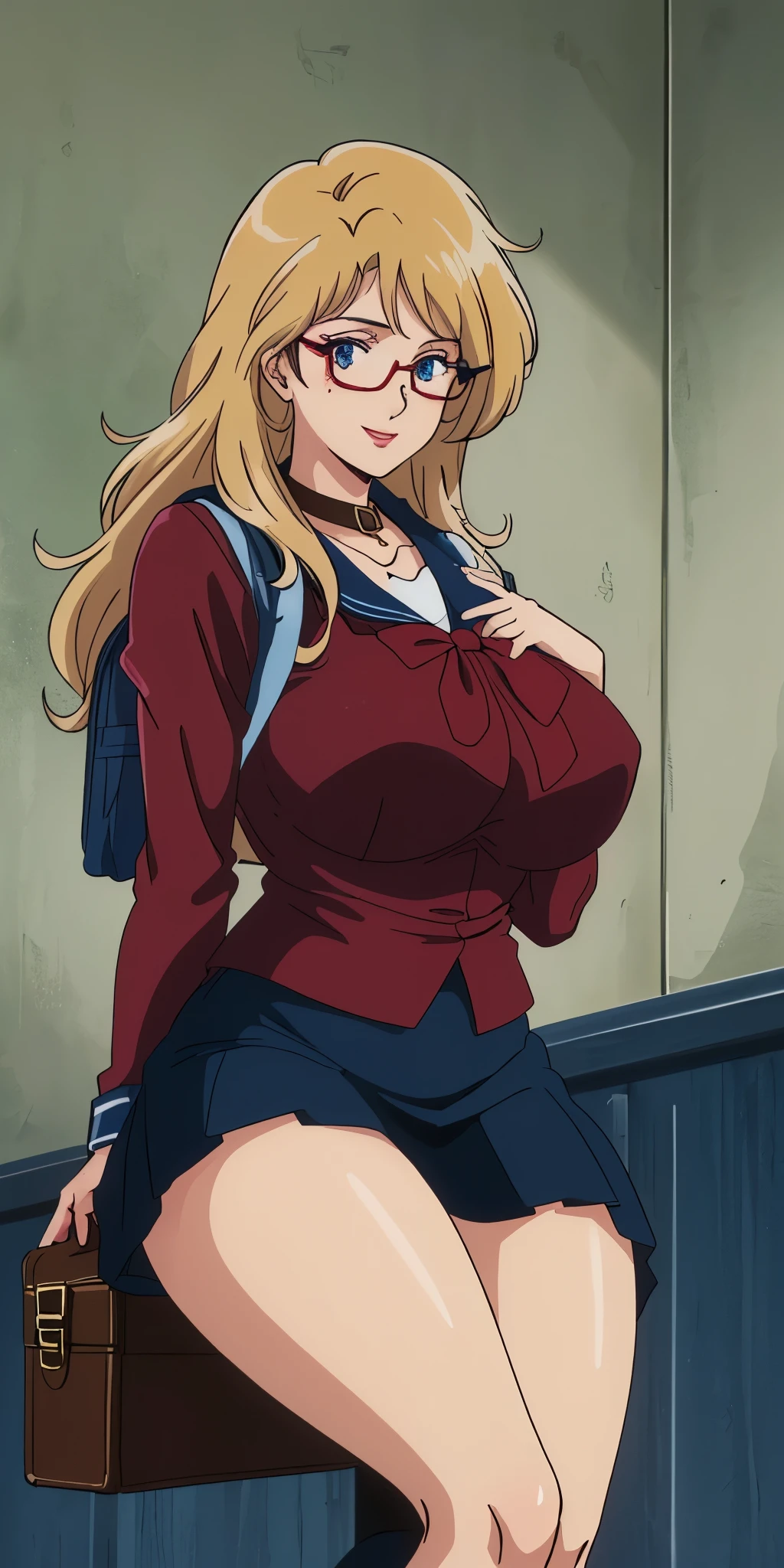Young girl drawn in the 80s anime style. 
retro anime. classic anime. classic anime. 

She has long and wavy blonde hair, blue eyes, FULL LIPS, and has a beauty mark under the right side of her mouth. She is well known for her curvaceous figure, whose trait is the most distinctive are her very large breasts. She also wears round glasses and a seductive smile. 

Ella está usando un sailor's uniform (sailor's uniform, sailor blouse with bow, sailor outfit) is a common Japanese uniform style worn by women, traditionally used by high school students. 

The uniform usually consists of a sailor-style blouse joined with a ( navy blue sailor collar ) and a dark navy blue sailor blouse. The long skirt reaches past the ankle.

A ribbon is tied at the front and tied through a bow attached to the sailor blouse. The color of the ribbon is red. ( RED RIBBON)

(Navy shirt)
(Dark navy blue pleated skirt)

She is wearing a brown briefcase and a backpack. 
She is visiting a high school.

(Alone )
