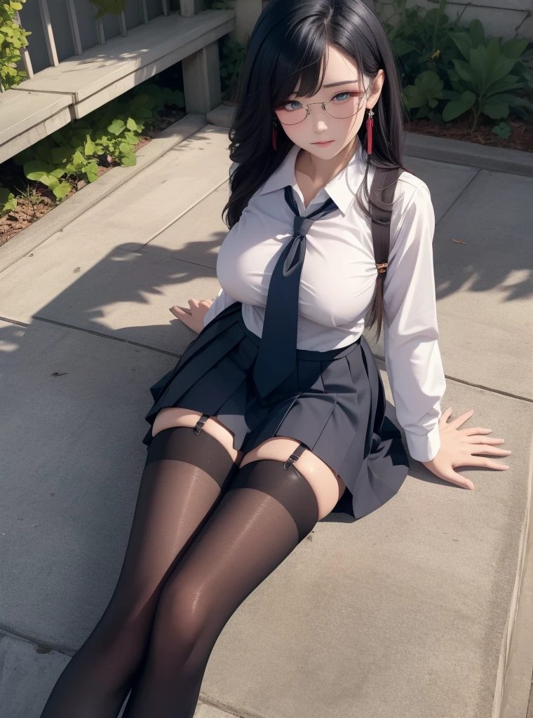 (drooping eyes, realistic skin, angle from below), (a woman wearing panties straddling the pipe-bollard that was installed on the ground for enjoying orgasm while smiling), thin blouse, colorful-skirt, ((plump woman, round face line)), glasses.