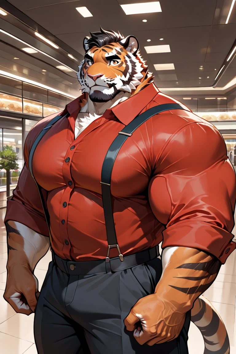 Muscular furry humanoid tiger with bodybuilder builds, wearing inner layer long sleeve black t-shirt and outer layer short sleeve red jacket, wearing dark blue jeans as trousers, face expression is baring his teeth