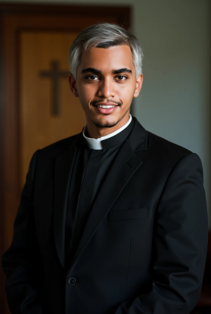 1man, 25 yo, priest in chapel, smiling, face stubble, rule of thirds, depth of field, 100mm, f/2.8, photogenic, photorealistic, 12k HD
