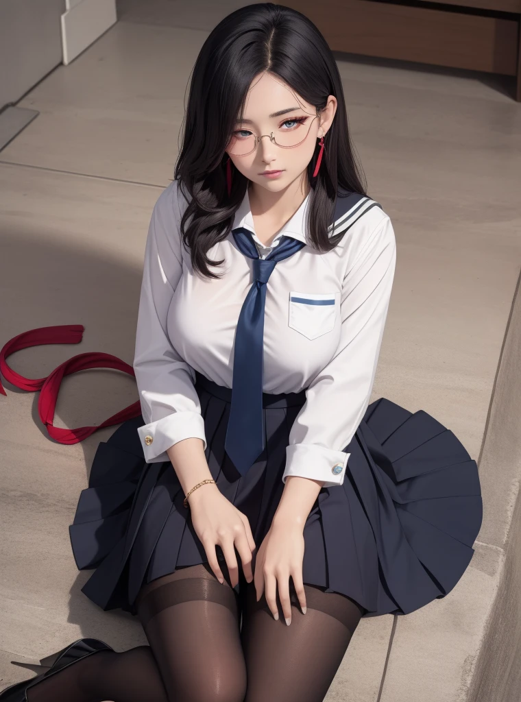 Thai Idol Sit with your legs apart on a desk in the classroom Mature Woman Sailor suit garter belt Black Stockings Knee-high boots Big Breasts Rimless glasses