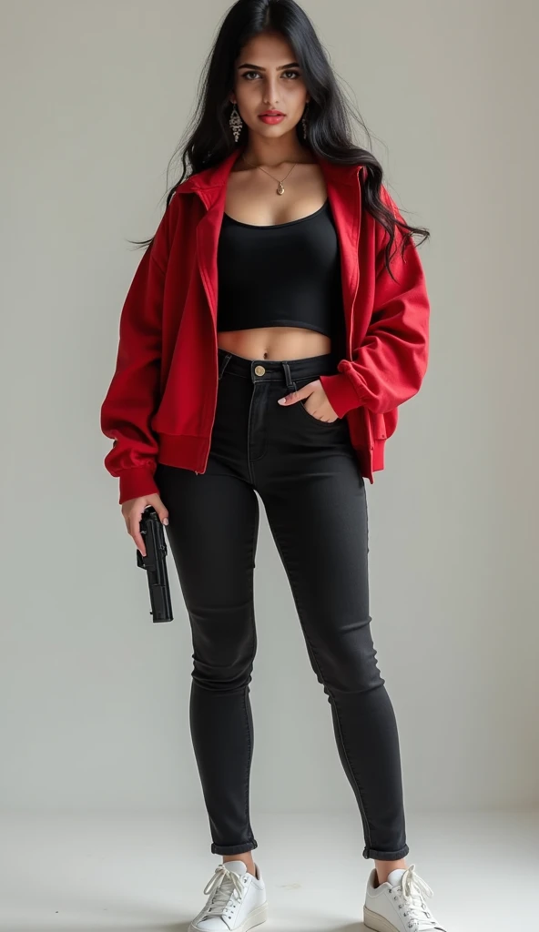 craft a hyper realistic full body length hourglass photo of north Indian beautiful face woman in her age 33, 38B cup huge round firm breasts, Red Black sports bra with jacket and tattoos all over body, Black jeans slim fit ]] [[Razor cut bob cut hair full body pose, highly detailed, wearing Chicago Bulls Jordan hoodie jacket and tracks, cute smile, colorized, smooth, charming, pretty big sexy smile, red lipstick, soft lips, supple skin, attractive appearance, full body length photo with shoes.