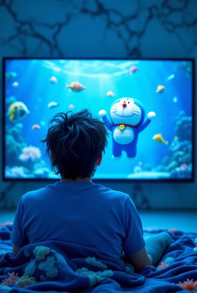 18 year old boy is watching Doraemon cartoon on TV